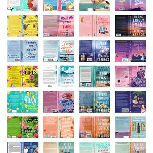 May include: A collection of twenty-eight romance novel book covers arranged in a grid, featuring various titles such as My Killer Vacation, The Villa, and After I Do. Each cover displays unique illustrations, vibrant color palettes, and typography.