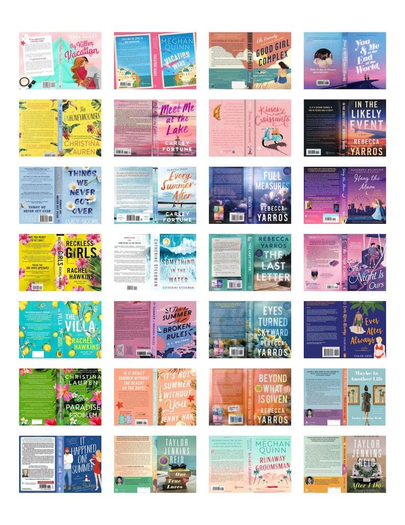 May include: A collection of twenty-eight romance novel book covers arranged in a grid, featuring various titles such as My Killer Vacation, The Villa, and After I Do. Each cover displays unique illustrations, vibrant color palettes, and typography.