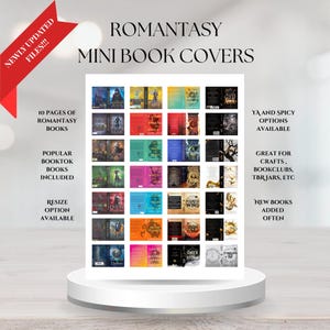 May include: A digital print sheet featuring a grid of miniature book covers titled ROMANTASY MINI BOOK COVERS. The collection includes various colorful rectangular designs with titles and illustrations, organized in rows and columns on a white background.