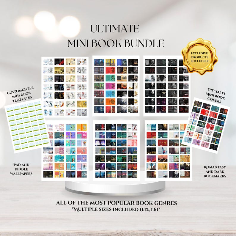 May include: Ultimate Mini Book Bundle featuring multiple sheets of miniature book covers, customizable templates, and digital wallpapers. Includes various book genres, specialty covers, and bookmarks with text labels like Exclusive Products Included.