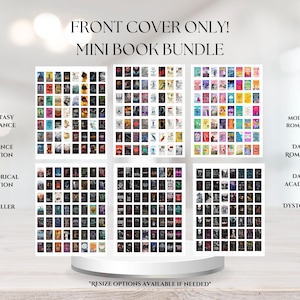 May include: A display of mini book bundles featuring various genres, including Fantasy Romance, Science Fiction, and Thriller. The image showcases multiple book covers arranged in grids, with text indicating the genre categories. The phrase "FRONT COVER ONLY! MINI BOOK BUNDLE" is displayed at the top.