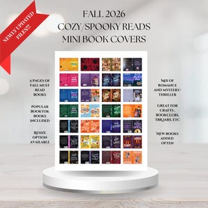 May include: A digital print sheet featuring miniature book covers for Autumn 2026, titled "FALL 2026 COZY/SPOOKY READS MINI BOOK COVERS." The sheet contains five pages of various colourful book jacket designs, including romance and mystery themes.