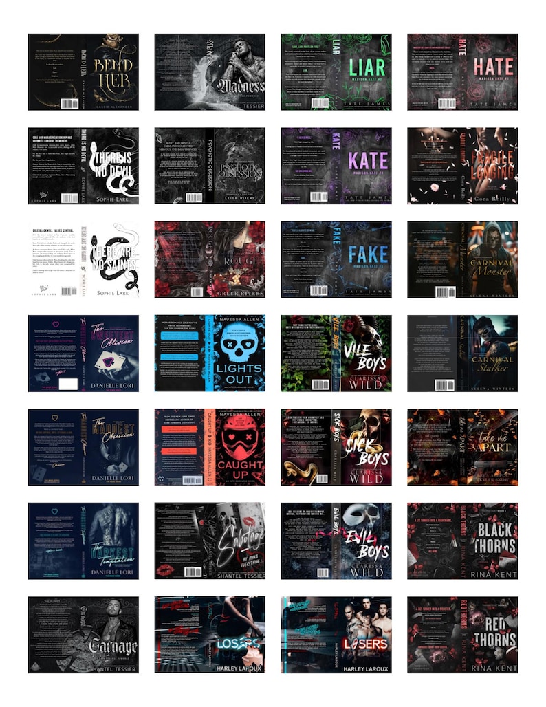May include: A collection of twenty-eight book covers featuring dark, gothic, and romantic themes. Each cover displays unique titles such as Bend Her, Madness, Liar, Hate, There Is No Devil, Psychotic Obsession, Kate, and others with varied graphic illustrations.