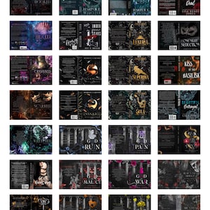 May include: A collection of twenty-four rectangular book covers arranged in a grid, featuring dark, gothic-inspired illustrations, ornate typography, and titles such as Hooked, The Coven, Luxuria, God of Ruin, and Haunting Adeline in various colors.