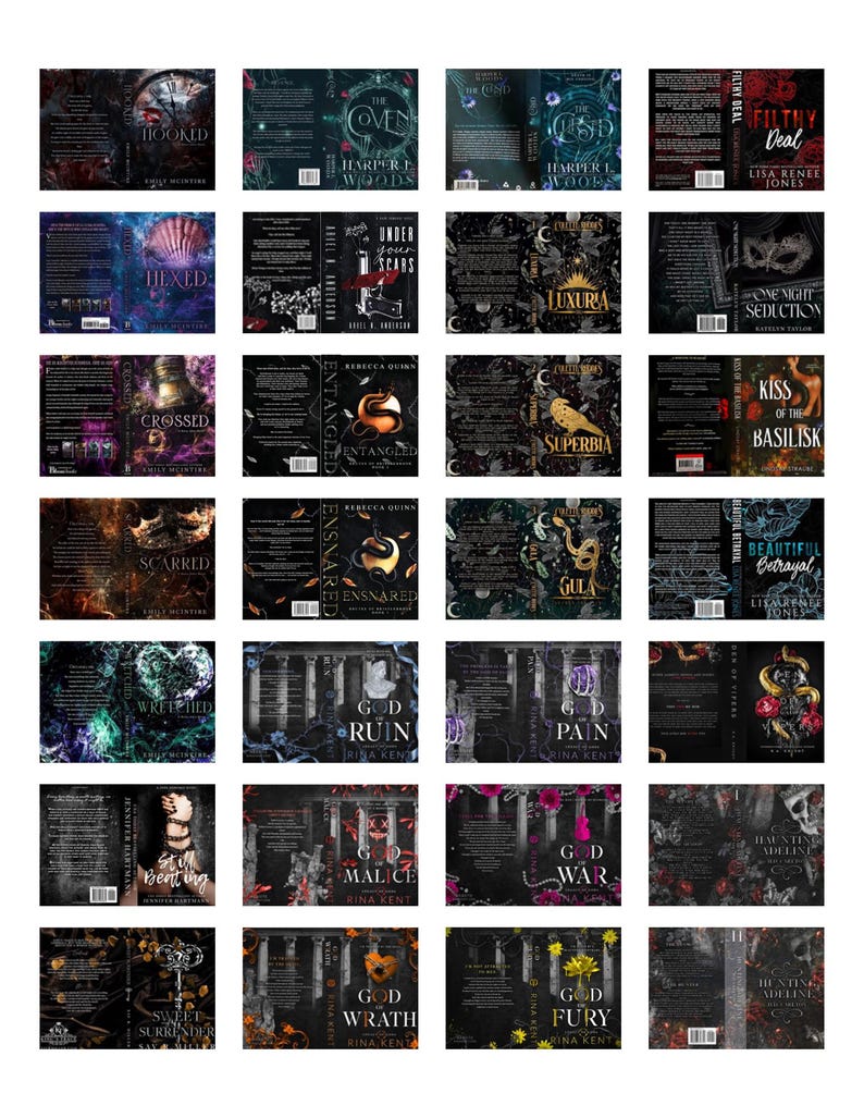 May include: A collection of twenty-four rectangular book covers arranged in a grid, featuring dark, gothic-inspired illustrations, ornate typography, and titles such as Hooked, The Coven, Luxuria, God of Ruin, and Haunting Adeline in various colors.