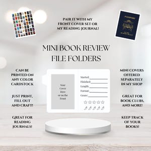 Pode incluir: Pasta branca para resenhas de livros, com seções para preencher. O texto na pasta diz "Mini Book Review File Folders". O texto adicional inclui "Combine-o com meu conjunto de capa frontal ou meu diário de leitura!" e "Ótimo para clubes do livro e muito mais!"