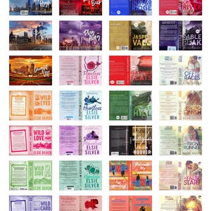 May include: A collection of twenty-eight book covers arranged in a grid, featuring various titles such as Mile High, Indigo Ridge, Crimson River, Jasper Vale, Sable Peak, Caught Up, Flawless, Garnet Flats, Off to the Races, Wild Eyes, Heartless, Juniper Hill, Photo Finish, Wild Love, Powerless, Layla, The Front Runner, Wild Side, Hopeless, Promise Me Sunshine, A False Start, Wild Card, Reckless, Lessons in Chemistry, and Out of the Gate.