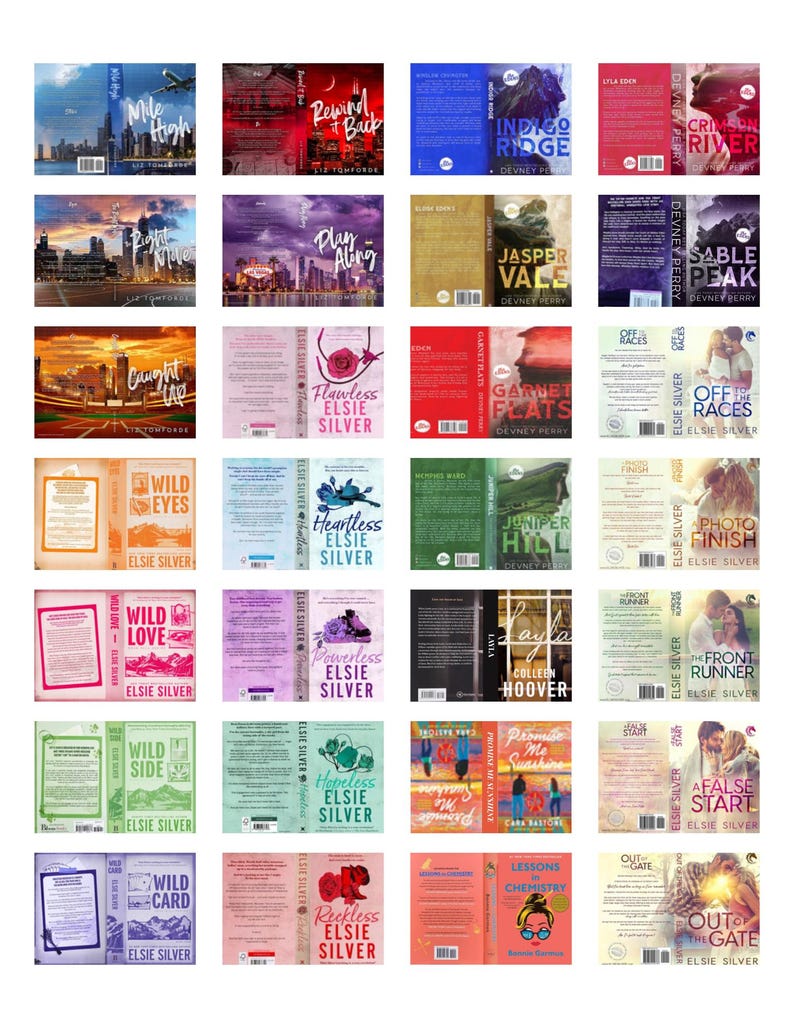May include: A collection of twenty-eight book covers arranged in a grid, featuring various titles such as Mile High, Indigo Ridge, Crimson River, Jasper Vale, Sable Peak, Caught Up, Flawless, Garnet Flats, Off to the Races, Wild Eyes, Heartless, Juniper Hill, Photo Finish, Wild Love, Powerless, Layla, The Front Runner, Wild Side, Hopeless, Promise Me Sunshine, A False Start, Wild Card, Reckless, Lessons in Chemistry, and Out of the Gate.