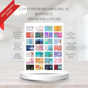 Puede incluir: Una colección de portadas de libros en miniatura con títulos de romance contemporáneo e histórico dispuestos en una cuadrícula. El texto dice: NEWLY UPDATED FILES!!! CONTEMPORARY/HISTORICAL ROMANCE MINI BOOK COVERS, 10 PAGES OF MODERN/HISTORICAL BOOKS, POPULAR BOOKTOK BOOKS INCLUDED, RESIZE OPTION AVAILABLE, SOME THRILLER IS ALSO INCLUDED, GREAT FOR CRAFTS, BOOKCLUBS, TBRJARS, ETC, NEW BOOKS ADDED OFTEN.