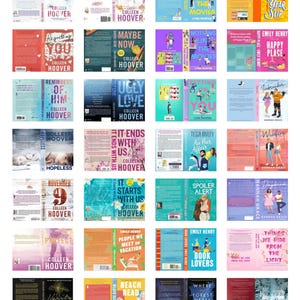 May include: A collection of twenty-four contemporary romance book covers arranged in a grid. Each cover displays a unique title, author name, and graphic illustration, featuring various color palettes including pink, blue, yellow, and dark tones.