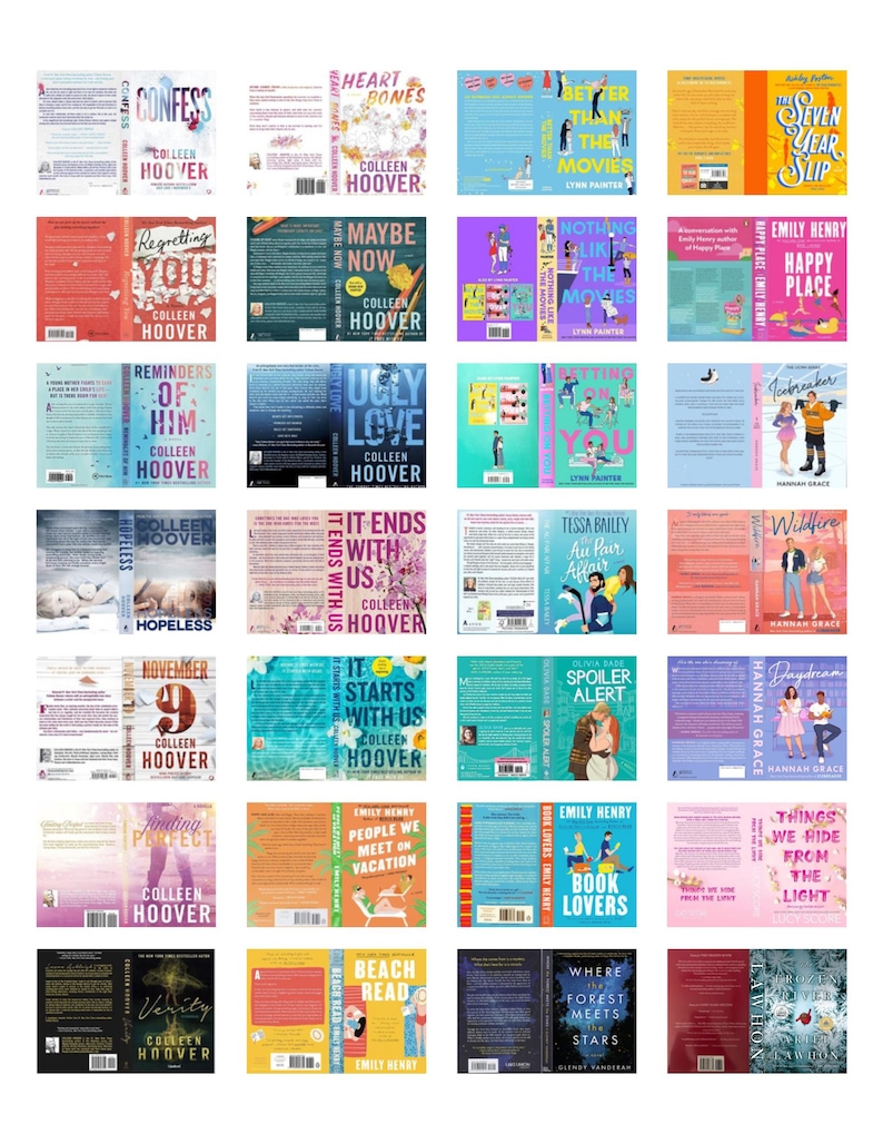 May include: A collection of twenty-four contemporary romance book covers arranged in a grid. Each cover displays a unique title, author name, and graphic illustration, featuring various color palettes including pink, blue, yellow, and dark tones.