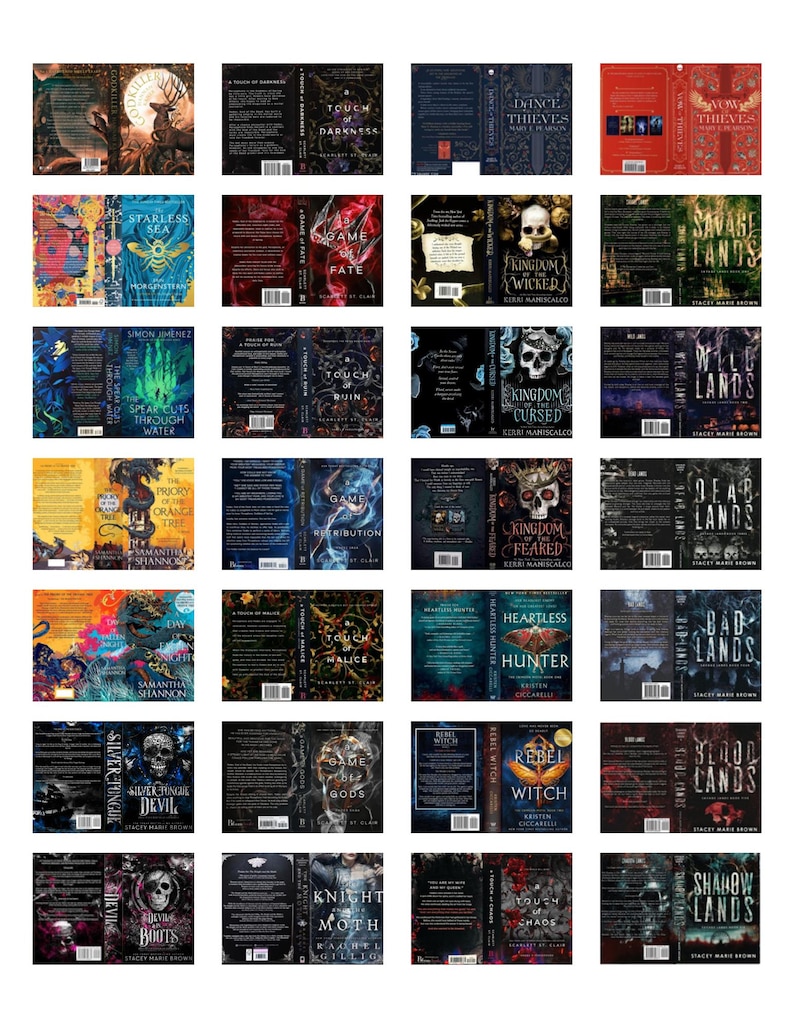 May include: A collection of twenty-four book covers arranged in a grid, featuring various fantasy titles such as Godkiller, The Starless Sea, Kingdom of the Wicked, and Savage Lands, displaying diverse artistic illustrations, typography, and barcodes.