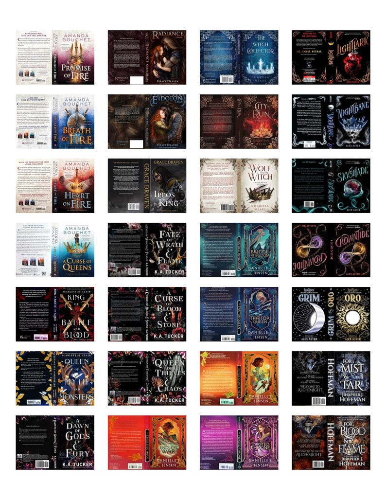 May include: A collection of twenty-eight fantasy book covers arranged in a grid, featuring various titles such as A Promise of Fire, Radiance, The Witch Collector, Lightlark, Breath of Fire, Eidolon, City of Ruin, Nightbane, Heart on Fire, Ippos King, Wolf of the Witch, Skyshade, A Curse of Queens, Fate of Wrath and Flame, Bridge Kingdom, Crowntide, King of Battle and Blood, A Curse of Blood and Stone, Traitor Queen, Grim, Oro, Queen of Myth and Monsters, A Queen of Thieves and Chaos, and For Mist and Tar.