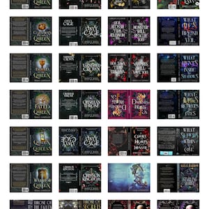 May include: A collection of twenty-four book covers arranged in a grid, featuring various fantasy titles such as Lost Queen, Scarlet Princess, and Phantasma. Each cover displays intricate illustrations, dark color palettes, and bold typography.
