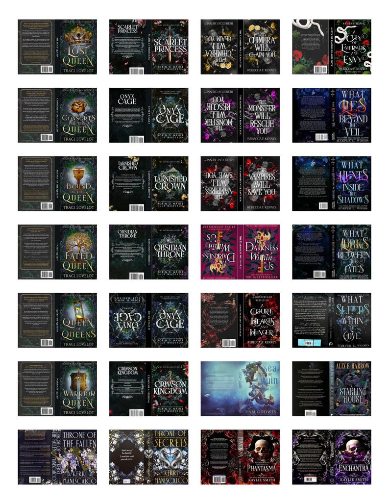 May include: A collection of twenty-four book covers arranged in a grid, featuring various fantasy titles such as Lost Queen, Scarlet Princess, and Phantasma. Each cover displays intricate illustrations, dark color palettes, and bold typography.