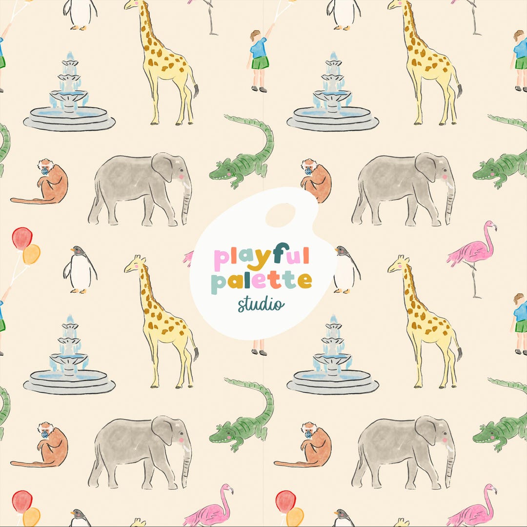 Simple Zoo Pattern Kids at the Zoo Seamless Pattern, Watercolor Zoo Animals Repeat Pattern ...