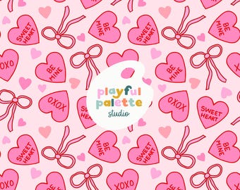 Valentines Day Seamless Pattern, Hot Pink Red Seamless Pattern, Surface Pattern Design Valentines, Hearts Bows Girly Coquette Seamless