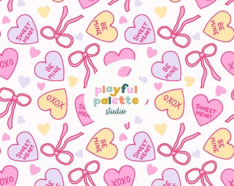 Valentines Day Seamless Pattern, Pastels Pink Red Seamless Pattern, Surface Pattern Design Valentines, Hearts Bows Girly Coquette Seamless