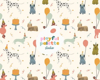 Birthday Party Puppies Seamless Pattern, Birthday Party Dogs Repeat Pattern, Cute Puppy Dog Pattern Design, Surface Pattern Instant Download