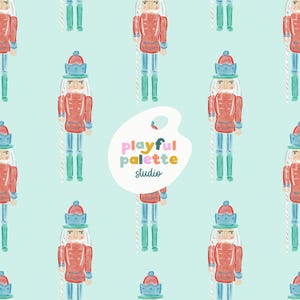 May include: A repeating pattern of watercolor nutcracker figures in red, blue, and green on a light blue background. Each nutcracker has a white beard and a hat. The text "playful palette studio" is in a white paint palette shape.
