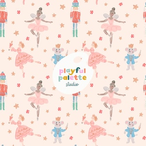 Nutcracker Ballet Christmas Holiday Seamless Pattern, Nutcracker Ballet Characters Seamless, Christmas Nutcracker Watercolor Pastel Seamless