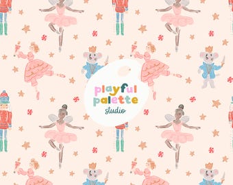 Nutcracker Ballet Christmas Holiday Seamless Pattern, Nutcracker Ballet Characters Seamless, Christmas Nutcracker Watercolor Pastel Seamless