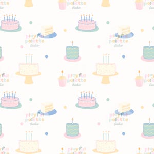 Puede incluir: Patrón repetitivo de pasteles de cumpleaños, cupcakes y confeti en colores pastel. Los pasteles, con velas, varían en forma y tamaño. El texto "playful palette studio" también se repite.