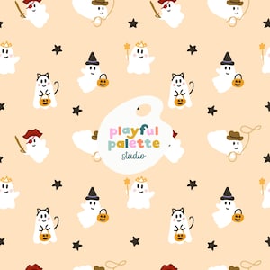 Spooky Cute Ghosts Halloween Pattern Design, Cowboy Ghosts Halloween Seamless Pattern, Ghosts in Costumes Surface Pattern Instant Download