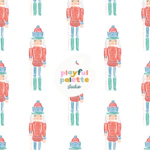 May include: Watercolor pattern featuring repeating images of toy nutcrackers in red jackets, blue hats, and green boots. The text "playful palette studio" is in the center of the image.