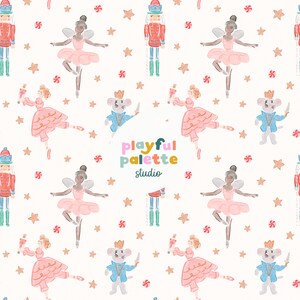 May include: A repeating pattern featuring watercolor illustrations of ballerinas in pink tutus, nutcrackers, mice in blue jackets, stars, and candies on a white background. The text "playful palette studio" is also present.