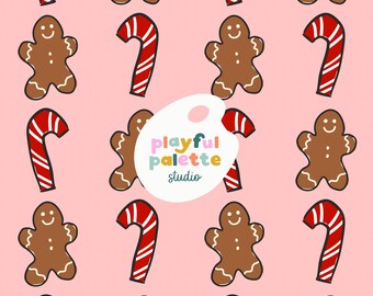 Gingerbread Candy Canes Christmas Holiday Seamless Pattern, Gingerbread Cookies Christmas Candy Cane Seamless, Surface Pattern Christmas