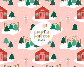 Patrón sin costuras de granja de árboles de Navidad, diseño de patrón festivo, patrón repetido de árbol de Navidad, descarga instantánea, patrón de superficie navideño