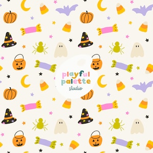 Puede incluir: Patrón repetitivo de ilustraciones con temática de Halloween. El diseño incluye calabazas naranjas, sombreros de bruja, caramelos de maíz, murciélagos, fantasmas, arañas y estrellas sobre un fondo crema. El texto "playful palette studio" está en el centro.