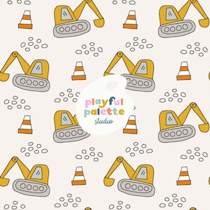 Puede incluir: Un patrón repetido de excavadoras amarillas, conos de tráfico naranjas y blancos y rocas grises sobre un fondo crema. La imagen incluye el texto "playful palette studio".