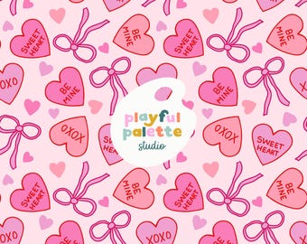 Valentines Day Seamless Pattern, Hot Pink Red Seamless Pattern, Surface Pattern Design Valentines, Hearts Bows Girly Coquette Seamless
