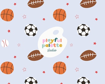 Puede incluir: Un fondo azul claro con un patrón de balones deportivos, incluyendo balones de baloncesto, fútbol americano, fútbol y béisbol. Estrellas rojas y estrellas delineadas salpican el diseño. El texto "playful palette studio" está en el centro.