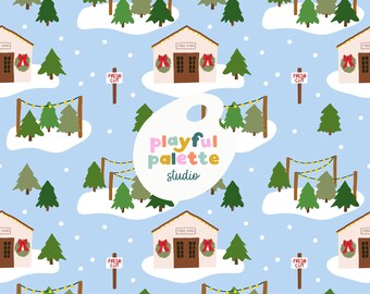 Patrón sin costuras de granja de árboles de Navidad, diseño de patrón festivo, patrón repetido de árbol de Navidad, descarga instantánea, patrón de superficie navideño