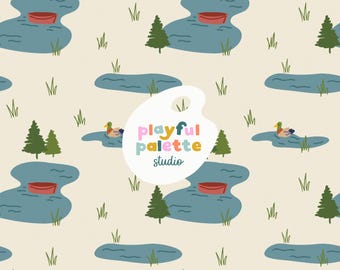 Ducks at the Lake Seamless Pattern, Cute Ducks Swimming Summer Repeat Pattern, Kids Surface Pattern Design, Nature Playful Ducks Seamless