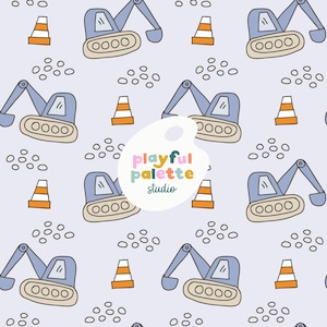 May include: A repeating pattern featuring blue diggers, orange and white traffic cones, and grey pebble shapes on a pale purple background. The diggers have black wheels and a grey scoop. The image has a playful, cartoon style.