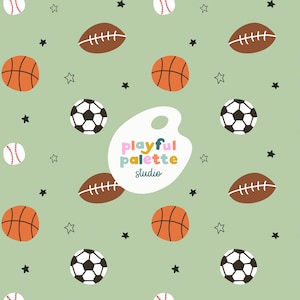 Sports Balls Seamless Pattern, Green Sporty Repeating Pattern Design, Kids Soccer Basketball Football Balls Surface Pattern, Pattern Designs