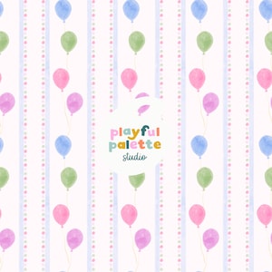 Birthday Party Seamless Pattern, Colorful Balloons Party Digital Pattern, Watercolor Sweet Birthday Balloon Stripes Seamless Surface Pattern