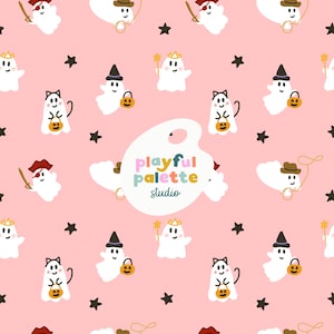 Spooky Cute Ghosts Halloween Pattern Design, Seamless Pattern for Halloween and Fall, Ghosts in Costumes Surface Pattern Instant Download