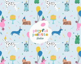Birthday Party Puppies Seamless Pattern, Birthday Party Dogs Repeat Pattern, Cute Puppy Dog Pattern Design, Surface Pattern Instant Download