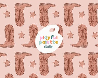 May include: A repeating pattern of brown cowboy boots and star shapes on a light pink background. The boots have decorative stitching and a classic western design. The image includes the text "playful palette studio".