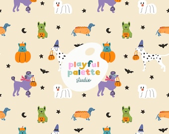 May include: A repeating pattern featuring various dog breeds in Halloween costumes. Includes a purple poodle with a bow, a Dalmatian with a witch hat, and a dachshund in a hot dog costume. Other elements include pumpkins, bats, and stars on a cream background. The text "Playful Palette Studio" is also present.
