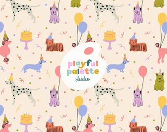 Birthday Party Puppies Seamless Pattern, Birthday Party Dogs Repeat Pattern, Cute Puppy Dog Pattern Design, Surface Pattern Instant Download
