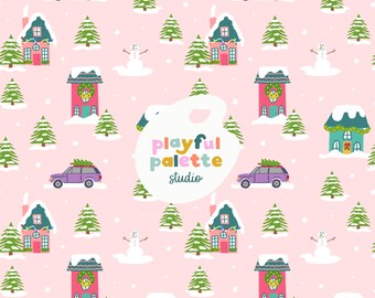 May include: A repeating pattern on a pink background featuring houses, cars with Christmas trees, snowmen, and evergreen trees. The houses have snow-covered roofs and are decorated with wreaths. The text "playful palette studio" is also present.