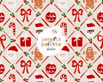 May include: A festive Christmas pattern featuring Santa Claus faces, gingerbread men, red bows, gift boxes, candy canes, and ornaments. The design is set against a light beige background with red diagonal lines and holly accents. The text "playful palette studio" is in the center.
