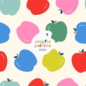 Könnte beinhalten: Ein sich wiederholendes Muster aus bunten Äpfeln in Rot, Pink, Grün, Blau und Gelb auf cremefarbenem Hintergrund. Die Äpfel haben ein einfaches, cartoonartiges Design. Das Bild enthält den Text "Playful Palette Studio".