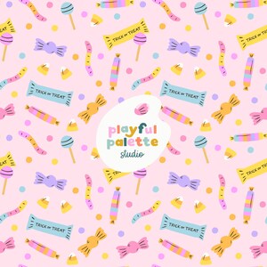 May include: A pink background featuring a repeating pattern of sweets, lollipops, and candy corn in various colours. Some sweets have the text "TRICK or TREAT". The image also includes the text "playful palette studio".